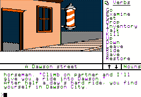 Gunslinger (Apple II) screenshot: Arriving in town at Dawson Street.