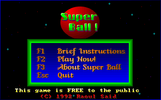 Super Ball ! (DOS) screenshot: The game's title screen and main menu