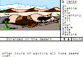 Gunslinger (Apple II) screenshot: Start of the game - My horse is dead and I'm stuck in the desert!