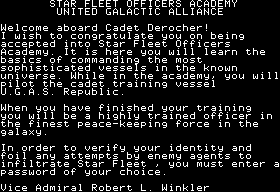 Star Fleet I: The War Begins! (Apple II) screenshot: Welcome to Star Fleet!