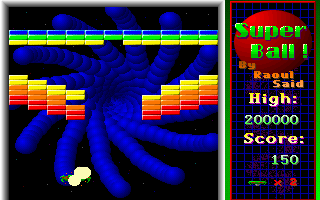 Super Ball ! (DOS) screenshot: The game drops a lot of bombs. If one hits the paddle or if the player misses the returning ball, this is the result