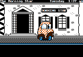 The Scoop (Apple II) screenshot: Getting dropped off by a taxi.