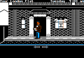 The Scoop (Apple II) screenshot: Outside your flat.