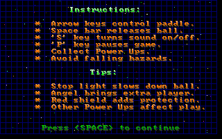 Super Ball ! (DOS) screenshot: These are the game instructions. Bombs, of which there are a-plenty, are not mentioned