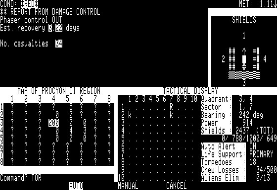 Star Fleet I: The War Begins! (Apple II) screenshot: We've taken a hit!