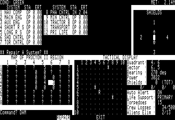 Star Fleet I: The War Begins! (Apple II) screenshot: Damage report.