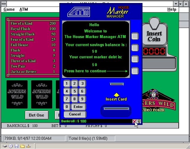 Joker's Wild Poker (Windows 3.x) screenshot: Clicking on cards turns them face down, this is how cards that are of no use are selected for the second deal