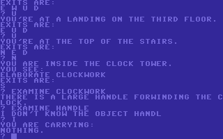 COMPUTE!'s Guide to Adventure Games (included game) (Commodore 64) screenshot: Checking my inventory - I'm carrying nothing.