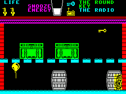 Pyjamarama (ZX Spectrum) screenshot: Screen 4. This looks like a straightforward screen. Just get the balloon, float upwards and get the key. In practice part way through Wally is transported elsewhere