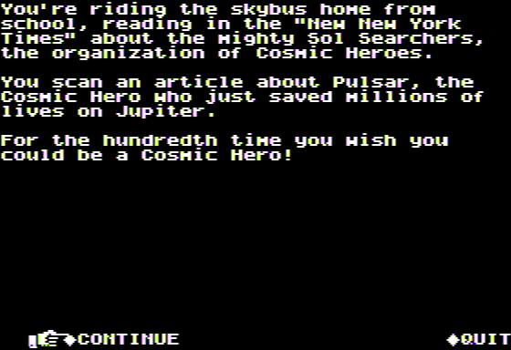 Microzine #25 (Apple II) screenshot: Cosmic Heroes - The Future