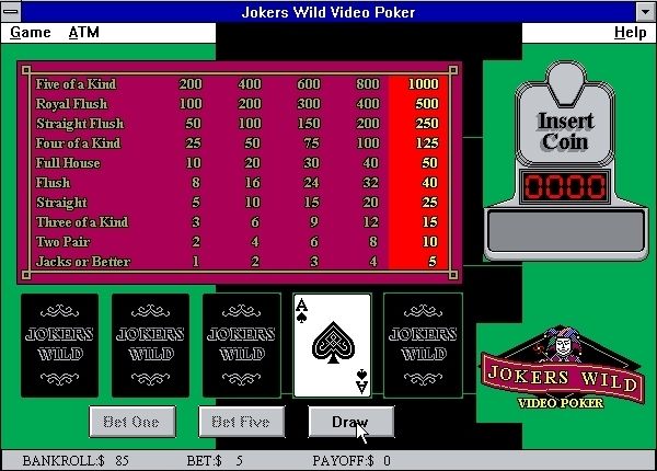 Joker's Wild Poker (Windows 3.x) screenshot: This is what a win looks like