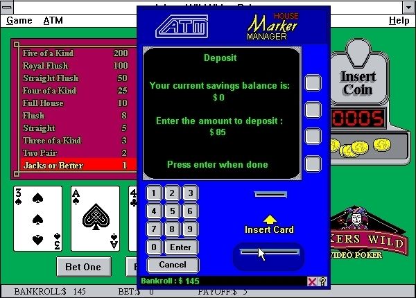 Joker's Wild Poker (Windows 3.x) screenshot: There's an ATM which allows the player to save winnings and take out loans