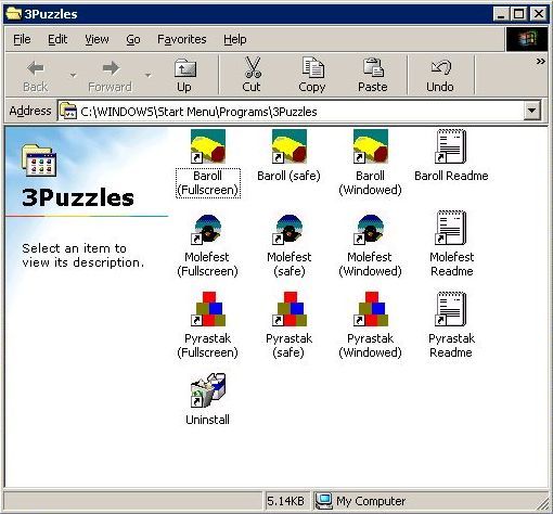 3 Puzzles (Windows) screenshot: The instalation process puts three versions of each game onto the player's machine