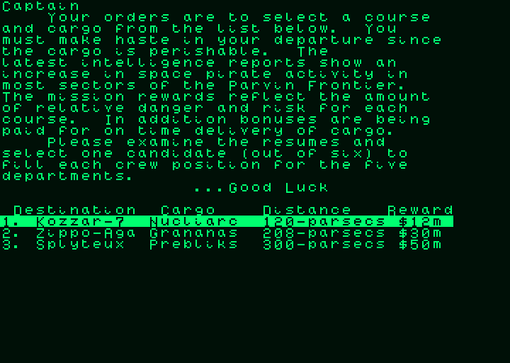Psi 5 Trading Co. (Amstrad PCW) screenshot: Select tour