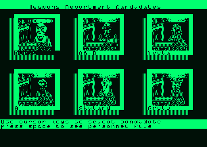 Psi 5 Trading Co. (Amstrad PCW) screenshot: Choose your gunner