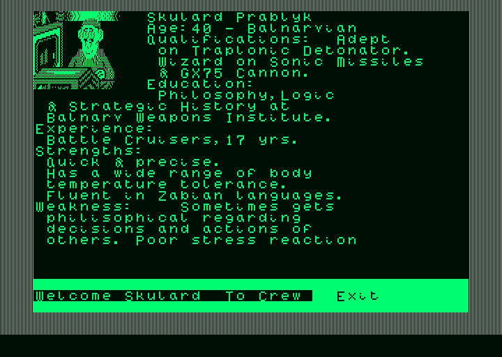 Psi 5 Trading Co. (Amstrad PCW) screenshot: Maybe the quick and precise Skulard?