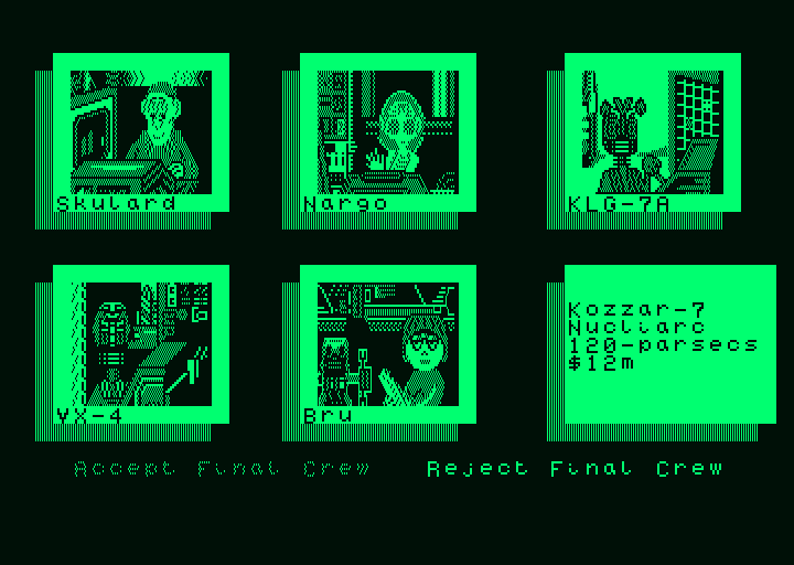 Psi 5 Trading Co. (Amstrad PCW) screenshot: Confirm your chosen crew