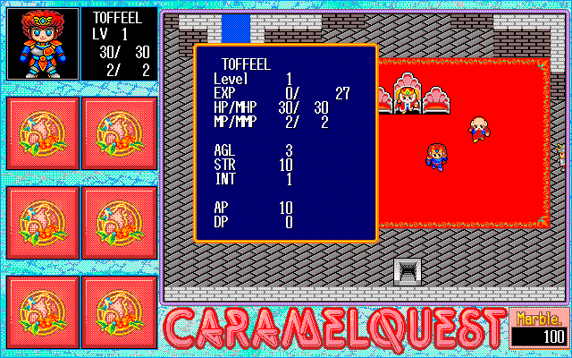 Caramel Quest: Meitenkyō no Megami Zō (PC-98) screenshot: Status screen