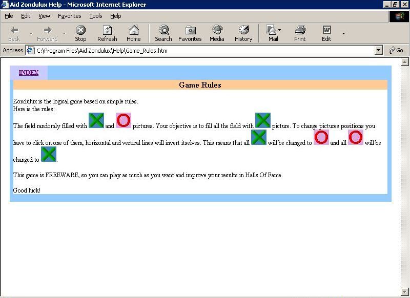 Aid Zondulux (Windows) screenshot: The game Rules. These open up a browser window in full screen mode