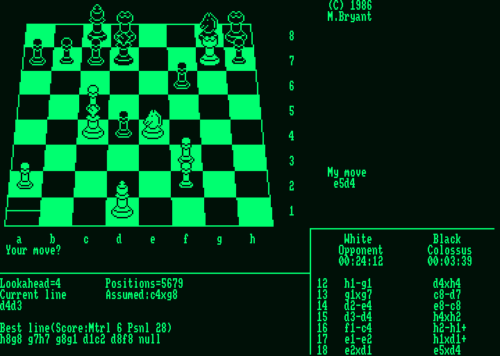 Colossus Chess 4 (Amstrad PCW) screenshot: In the middle of a game