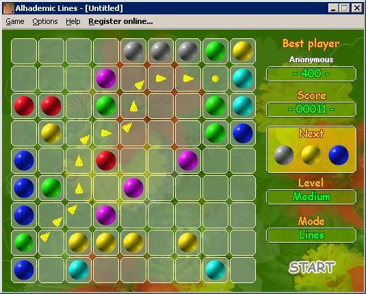 Alhedemic Lines (Windows) screenshot: A game in progress. The game shows the path the ball will take when it is moved. If there is no path shown then the ball cannot be moved to the desired location