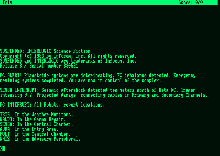 Suspended (Amstrad PCW) screenshot: Game start