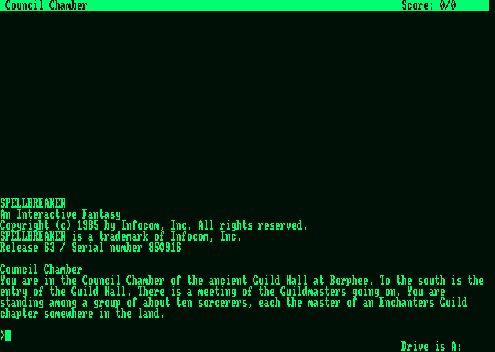 Spellbreaker (Amstrad PCW) screenshot: Game start