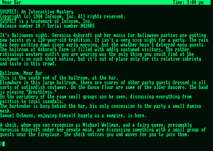 Suspect (Amstrad PCW) screenshot: Game start