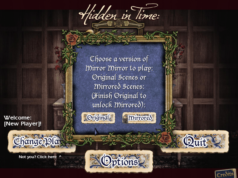 Murder Mystery & Mirrors Triple Pack (Windows) screenshot: The start options for the Hidden In Time game showing the Mirrored game that is unlocked on completion of the original game.