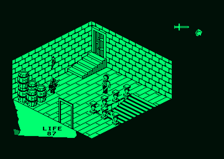 Fairlight (Amstrad PCW) screenshot: Fighting the small enemy