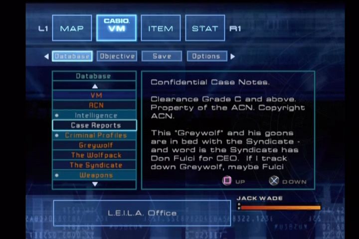 Headhunter (PlayStation 2) screenshot: In-game menu screen.