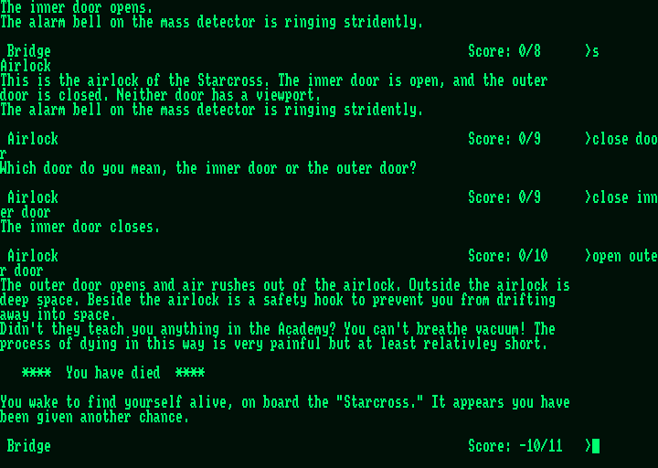 Starcross (Amstrad PCW) screenshot: Don't forget the space suit