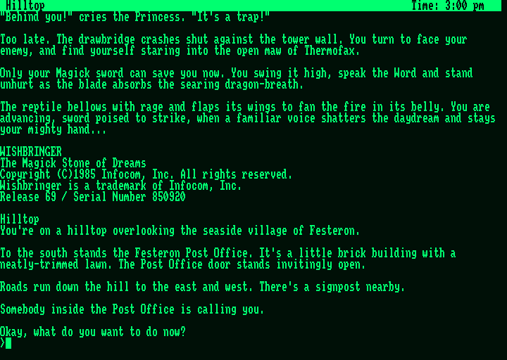 Wishbringer (Amstrad PCW) screenshot: Game start