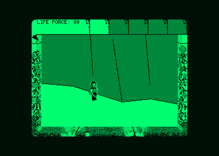Fairlight II (Amstrad PCW) screenshot: Falling down a cliff