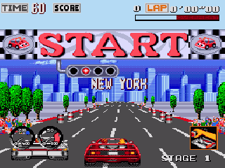 Turbo Out Run (Genesis) screenshot: Start of the race; there is one opponent that will bug you the entire time.