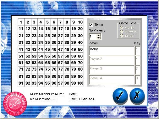 Millennium Quiz (Windows) screenshot: There are 100 quizzes each with 60 questions. Up to four players can participate.
