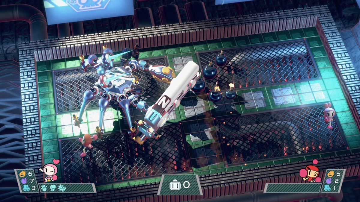 Super Bomberman R (PlayStation 4) screenshot: Fighting second shape of 1st boss in co-op mode