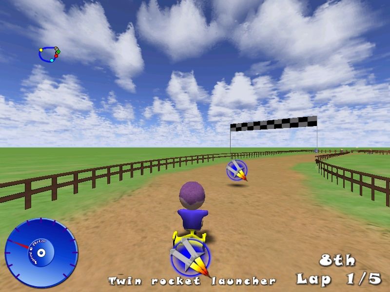 Trike Racers (Windows) screenshot: We now have twin rocket launchers. Tried for a third but the game does not allow that