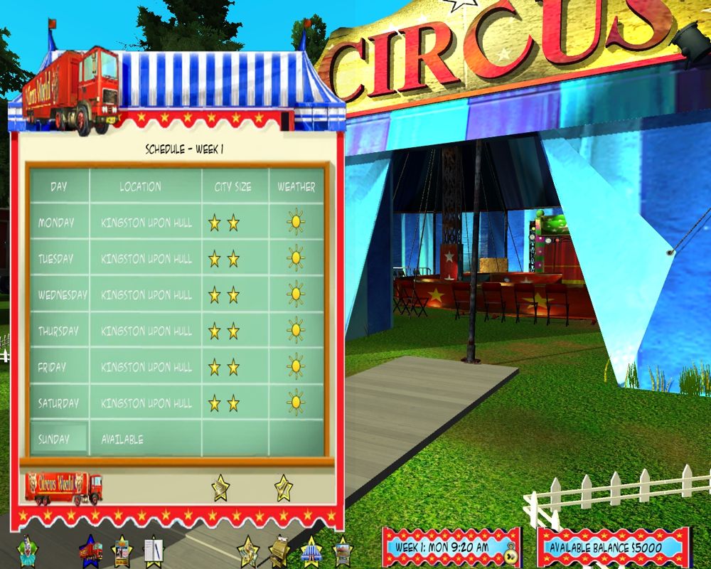 Circus World (Windows) screenshot: This shows the current circus schedule. We're in Hull (UK) this week. When making future bookings its important to allow travelling time between venues