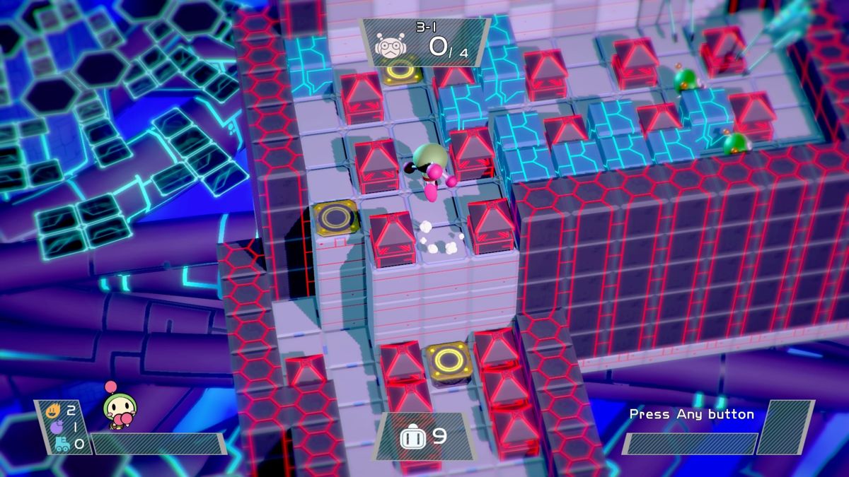 Super Bomberman R (PlayStation 4) screenshot: Use jumping plates to reach upper or lower floors