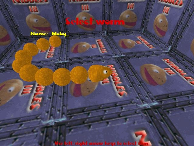 Nibbles 3D (Windows) screenshot: After entering their name the player uses the left/right arrows to cycle through the available skins