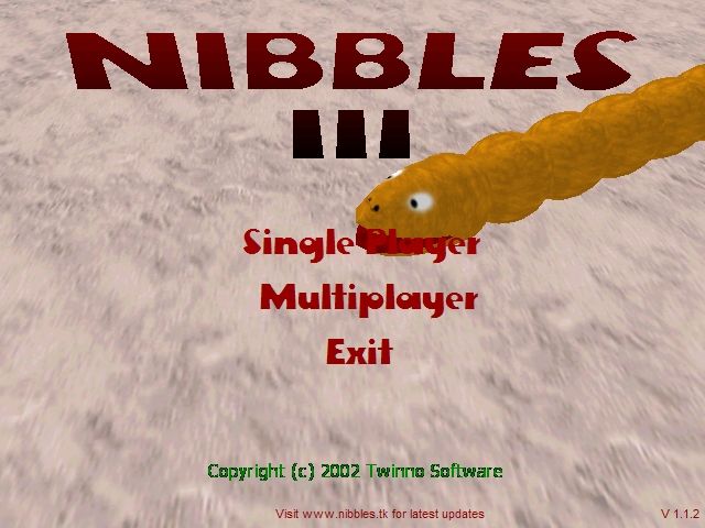 Nibbles 3D (Windows) screenshot: The title screen and main menu