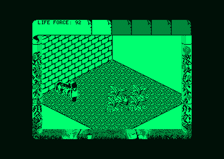 Fairlight II (Amstrad PCW) screenshot: Fighting a wolf