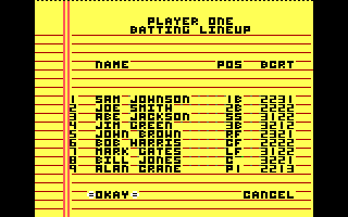 Championship Baseball (DOS) screenshot: Set up your team (Tandy/PCjr)