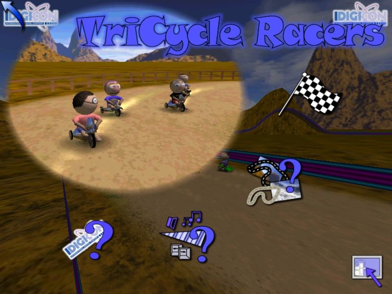 Trike Racers (Windows) screenshot: The main menu. All options are characterised by a lack of text, at least the pictures are big and sort of self explanatory