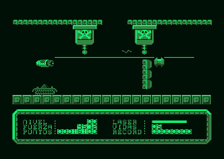 The Last Mission (Amstrad PCW) screenshot: Flying and shooting
