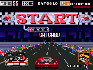 Turbo Out Run (Genesis) screenshot: Start of the Chicago course at night