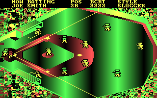 Championship Baseball (DOS) screenshot: Next batter walks to the plate... (CGA with RGB monitor)