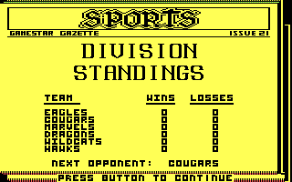 Championship Baseball (DOS) screenshot: The division standings (CGA with RGB monitor)