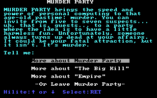 Make Your Own Murder Party (DOS) screenshot: The main menu